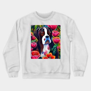 Boxer Dog Floppy Ears Puppy Whimsical Portrait Hiding in Wildflowers Secret Garden Digital Art Watercolor Painting Crewneck Sweatshirt